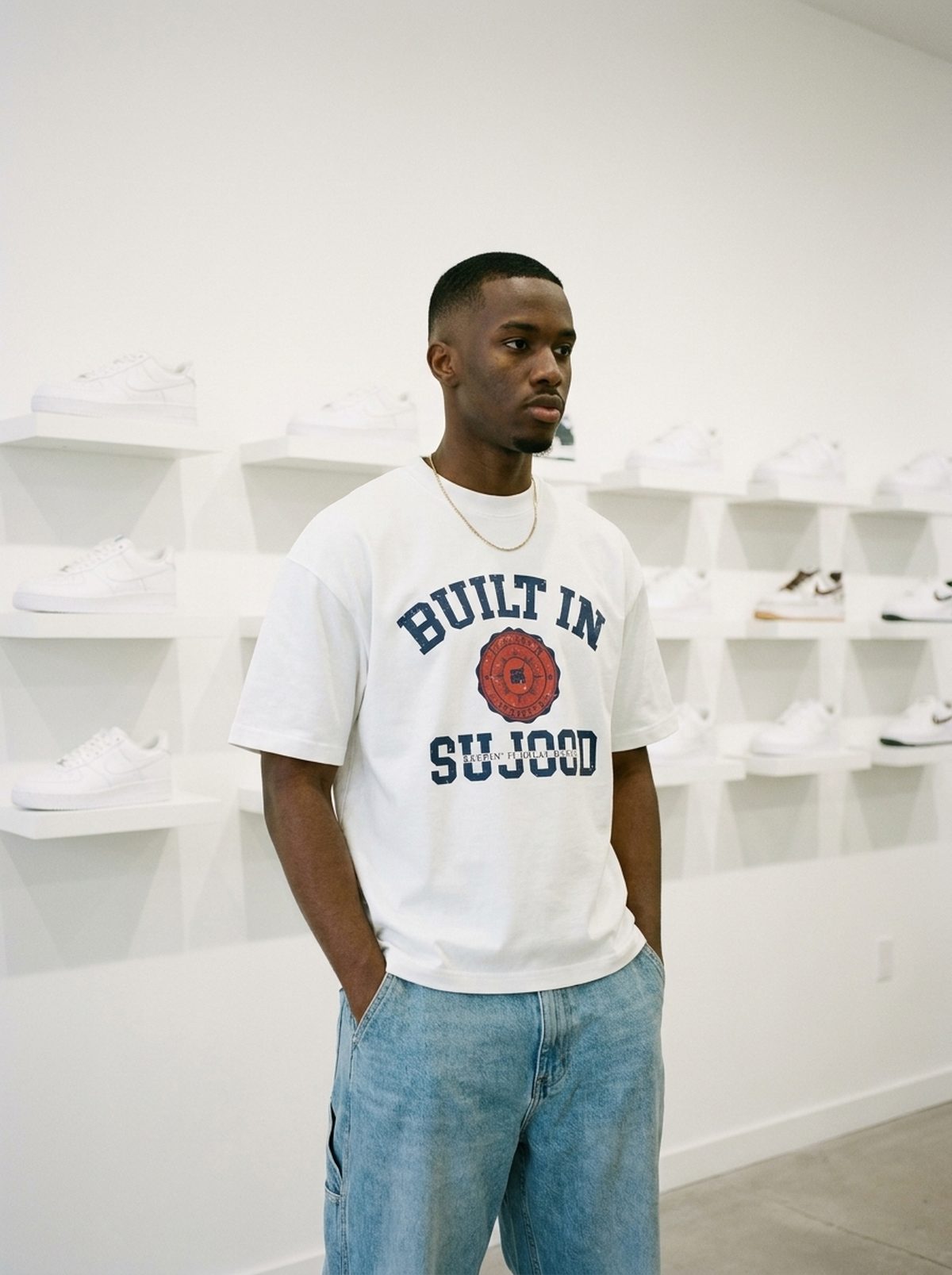 Built in Sujood white tee, sneaker showroom